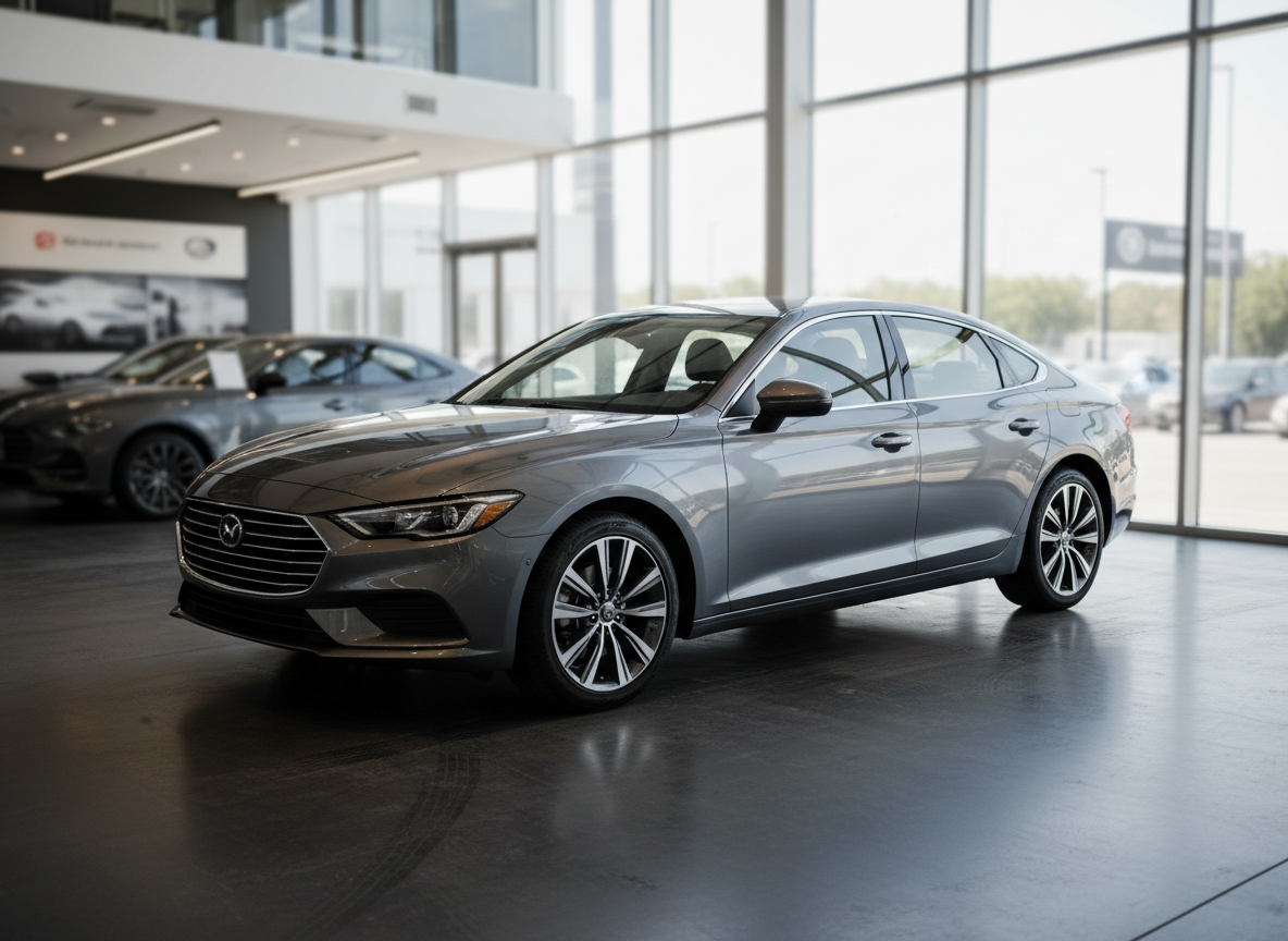 A sleek metallic gray sedan with clean, polished bodywork and detailed reflections running along its doors, parked at a subtle three-quarter angle in a modern dealership-style environment. The car sits on a smooth, dark concrete floor with faint tire marks and soft reflections beneath it. Large floor-to-ceiling windows in the background let in diffused afternoon daylight, casting gentle, realistic shadows and subtle highlights on the contours of the hood and roof. Shot at eye level in photographic realism with sharp focus across the frame, the composition centers the car while blurred outlines of other vehicles and minimalist signage suggest a professional marketplace mood that feels trustworthy and organized.
