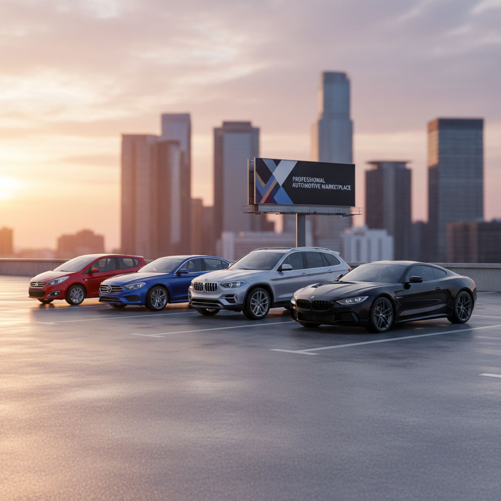 A dynamic line-up of diverse cars, including a compact hatchback, a midsize sedan, an SUV, and a sporty coupe, all impeccably clean and arranged diagonally in an expansive outdoor lot. The surface is light asphalt with painted white parking lines, slightly wet to create soft reflections under the vehicles. Late afternoon golden-hour sunlight washes over the scene, emphasizing metallic paints in vivid reds, blues, silvers, and blacks. The background shows a modern city skyline softly blurred, with a large, clean billboard hinting at a professional marketplace. Captured from a slightly elevated angle with photographic realism, the composition uses leading lines of parked cars to convey variety, choice, and a well-organized selection of new and used vehicles.